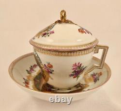 Ntique Dresden Meissen Covered Cup & Saucer, Peasant Life, Hand Painted, 1879