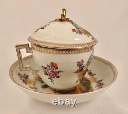 Ntique Dresden Meissen Covered Cup & Saucer, Peasant Life, Hand Painted, 1879