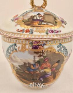 Ntique Dresden Meissen Covered Cup & Saucer, Peasant Life, Hand Painted, 1879