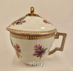 Ntique Dresden Meissen Covered Cup & Saucer, Peasant Life, Hand Painted, 1879