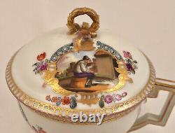 Ntique Dresden Meissen Covered Cup & Saucer, Peasant Life, Hand Painted, 1879