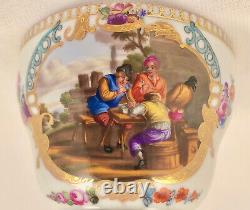 Ntique Dresden Meissen Covered Cup & Saucer, Peasant Life, Hand Painted, 1879