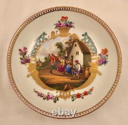 Ntique Dresden Meissen Covered Cup & Saucer, Peasant Life, Hand Painted, 1879