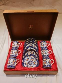 O. M. C OTAGIRI, JAPAN DEMITASSE CUP & SAUCER Blue Gold FLORAL (set of 6)