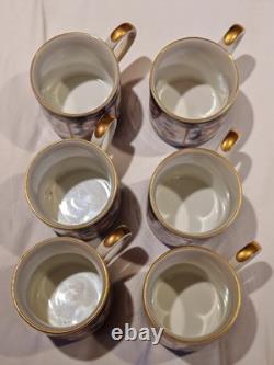 O. M. C OTAGIRI, JAPAN DEMITASSE CUP & SAUCER Blue Gold FLORAL (set of 6)
