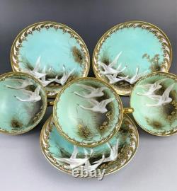 Old Noritake Swan Cups & Saucers Set of 3 Aqua Green & Gold Trim, 13.9cm