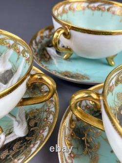Old Noritake Swan Cups & Saucers Set of 3 Aqua Green & Gold Trim, 13.9cm