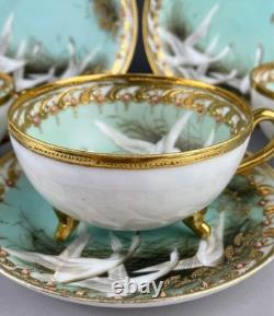 Old Noritake Swan Cups & Saucers Set of 3 Aqua Green & Gold Trim, 13.9cm