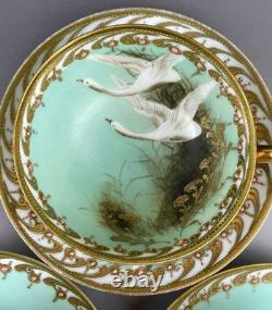 Old Noritake Swan Cups & Saucers Set of 3 Aqua Green & Gold Trim, 13.9cm