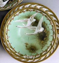 Old Noritake Swan Cups & Saucers Set of 3 Aqua Green & Gold Trim, 13.9cm