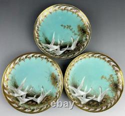 Old Noritake Swan Cups & Saucers Set of 3 Aqua Green & Gold Trim, 13.9cm