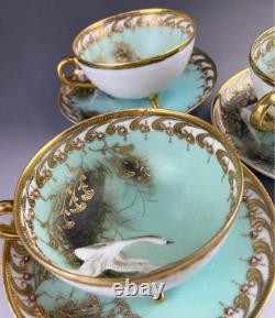 Old Noritake Swan Cups & Saucers Set of 3 Aqua Green & Gold Trim, 13.9cm