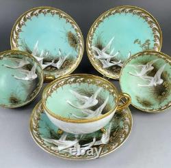 Old Noritake Swan Cups & Saucers Set of 3 Aqua Green & Gold Trim, 13.9cm