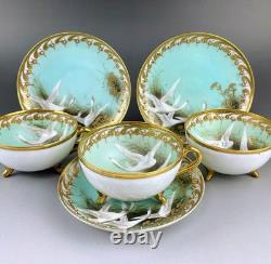 Old Noritake Swan Cups & Saucers Set of 3 Aqua Green & Gold Trim, 13.9cm