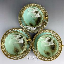 Old Noritake Swan Cups & Saucers Set of 3 Aqua Green & Gold Trim, 13.9cm