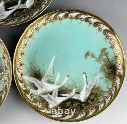 Old Noritake Swan Cups & Saucers Set of 3 Aqua Green & Gold Trim, 13.9cm