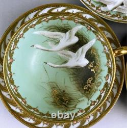 Old Noritake Swan Cups & Saucers Set of 3 Aqua Green & Gold Trim, 13.9cm