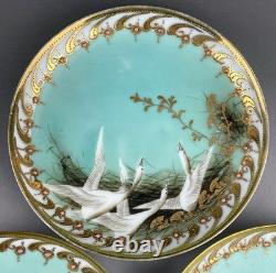 Old Noritake Swan Cups & Saucers Set of 3 Aqua Green & Gold Trim, 13.9cm