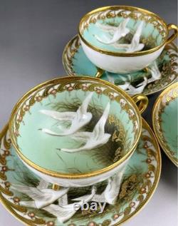 Old Noritake Swan Cups & Saucers Set of 3 Aqua Green & Gold Trim, 13.9cm