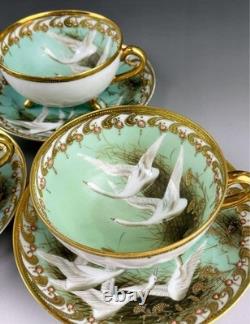 Old Noritake Swan Cups & Saucers Set of 3 Aqua Green & Gold Trim, 13.9cm
