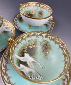 Old Noritake Swan Cups & Saucers Set of 3 Aqua Green & Gold Trim, 13.9cm
