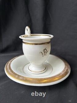 Old Paris Porcelain Empire Period Gild Monograms Lion Face Cup Saucer c1810-1820