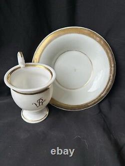 Old Paris Porcelain Empire Period Gild Monograms Lion Face Cup Saucer c1810-1820