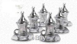 Ottoman Arabic Golden Zamac Tea Saucers Cups Serving Set for 6 with Tulip Spoon