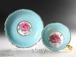 PARAGON Aqua Blue & Gold Pink Rose Cup & Saucer Vintage