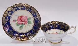 PARAGON FLOATING PINK ROSE CUP & SAUCER Cobalt Heavy Gold Gilding c1938-52 AS IS