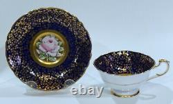 PARAGON Hand Painted FLOATING PINK ROSE CUP & SAUCER COBALT & GOLD CONFETTI