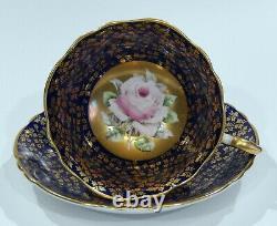 PARAGON Hand Painted FLOATING PINK ROSE CUP & SAUCER COBALT & GOLD CONFETTI