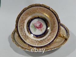 PARAGON PINK ROSE on COBALT BAND CUP & SAUCER Heavy Gold Gilding c1938-1952 MINT