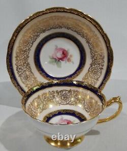 PARAGON PINK ROSE on COBALT BAND CUP & SAUCER Heavy Gold Gilding c1938-1952 MINT