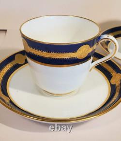 Pair Antique Minton Cobalt Gold Encrusted Medallion Cups & Saucers G236 c. 1912