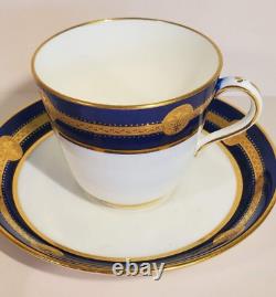 Pair Antique Minton Cobalt Gold Encrusted Medallion Cups & Saucers G236 c. 1912