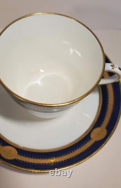 Pair Antique Minton Cobalt Gold Encrusted Medallion Cups & Saucers G236 c. 1912