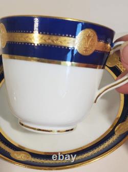 Pair Antique Minton Cobalt Gold Encrusted Medallion Cups & Saucers G236 c. 1912