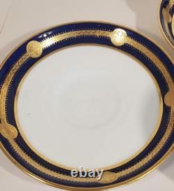 Pair Antique Minton Cobalt Gold Encrusted Medallion Cups & Saucers G236 c. 1912