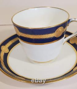 Pair Antique Minton Cobalt Gold Encrusted Medallion Cups & Saucers G236 c. 1912