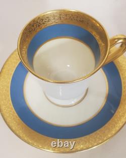 Pair Lenox Stanford Turquoise Grey Gold Encrusted Band Demitasse Cups Saucers