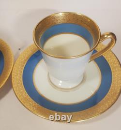 Pair Lenox Stanford Turquoise Grey Gold Encrusted Band Demitasse Cups Saucers