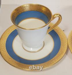 Pair Lenox Stanford Turquoise Grey Gold Encrusted Band Demitasse Cups Saucers