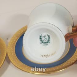 Pair Lenox Stanford Turquoise Grey Gold Encrusted Band Demitasse Cups Saucers