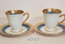 Pair Lenox Stanford Turquoise Grey Gold Encrusted Band Demitasse Cups Saucers