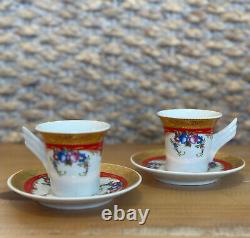 Pair Rosenthal Mythos Espresso Red Gold with Floral Design Cup And Saucer