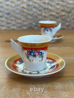Pair Rosenthal Mythos Espresso Red Gold with Floral Design Cup And Saucer