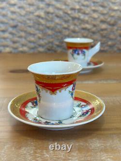 Pair Rosenthal Mythos Espresso Red Gold with Floral Design Cup And Saucer