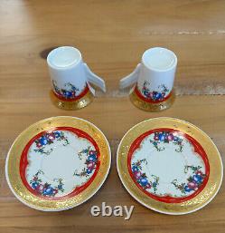 Pair Rosenthal Mythos Espresso Red Gold with Floral Design Cup And Saucer