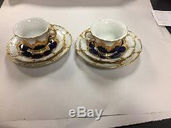 Pair of Antique Meissen Cobalt Blue Gold Tea Cups, Saucers, Plates
